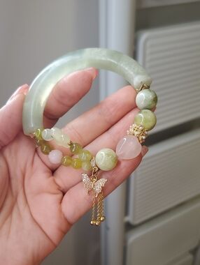 Green and Pink Jade Half Bangle Beaded Bracelet with Gold Butterfly Charm